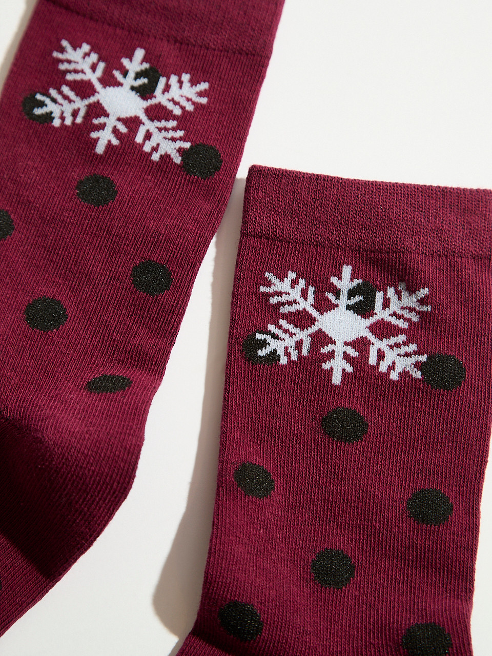 Dark Cherry with White Snowflake Crew Socks