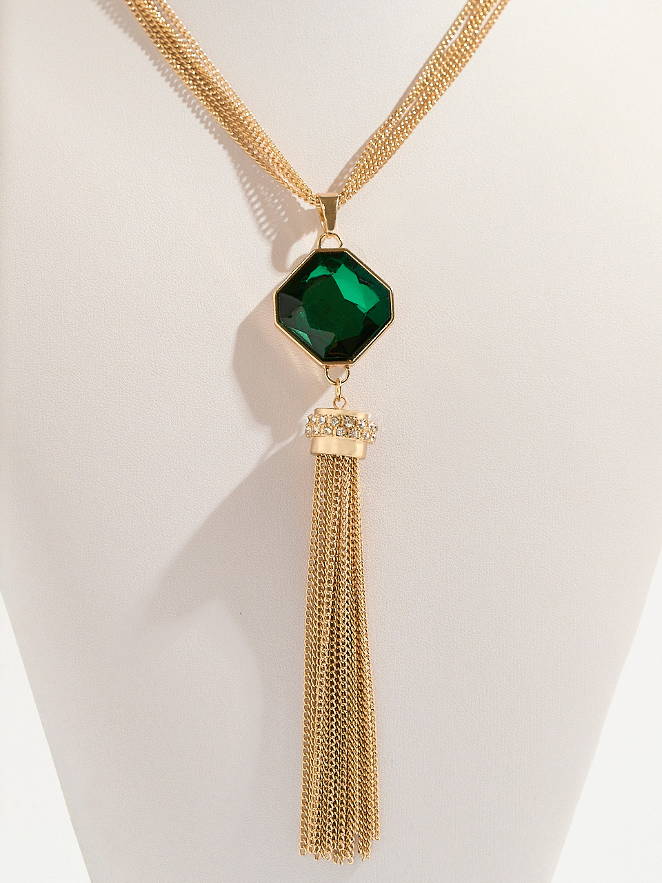Long Gold Multi-Strand Necklace with Stone & Tassel