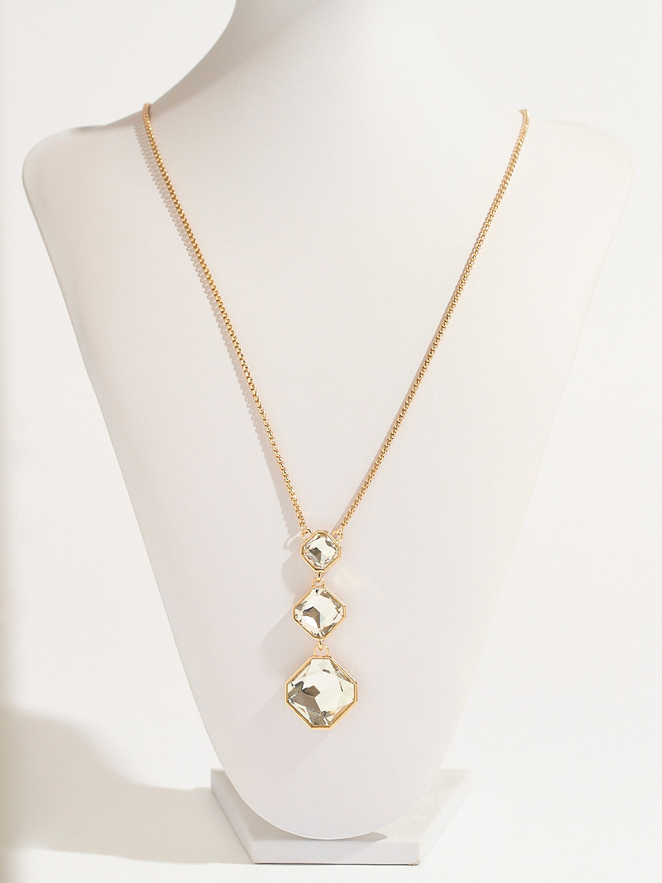 Long Gold Necklace with 3-Crystal Drop Pendant