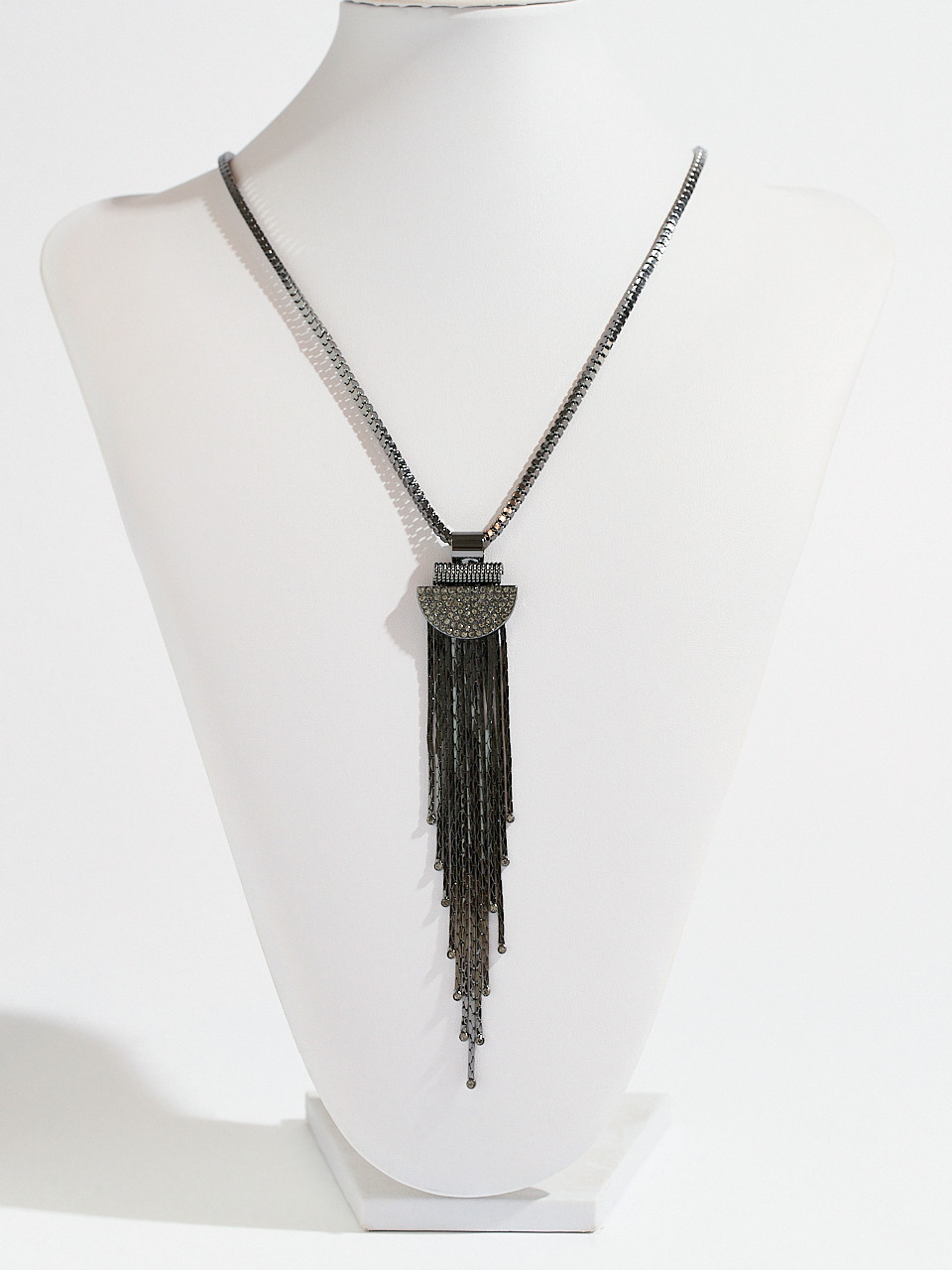 Long Hemi Art Deco Necklace with Fringe Pendant