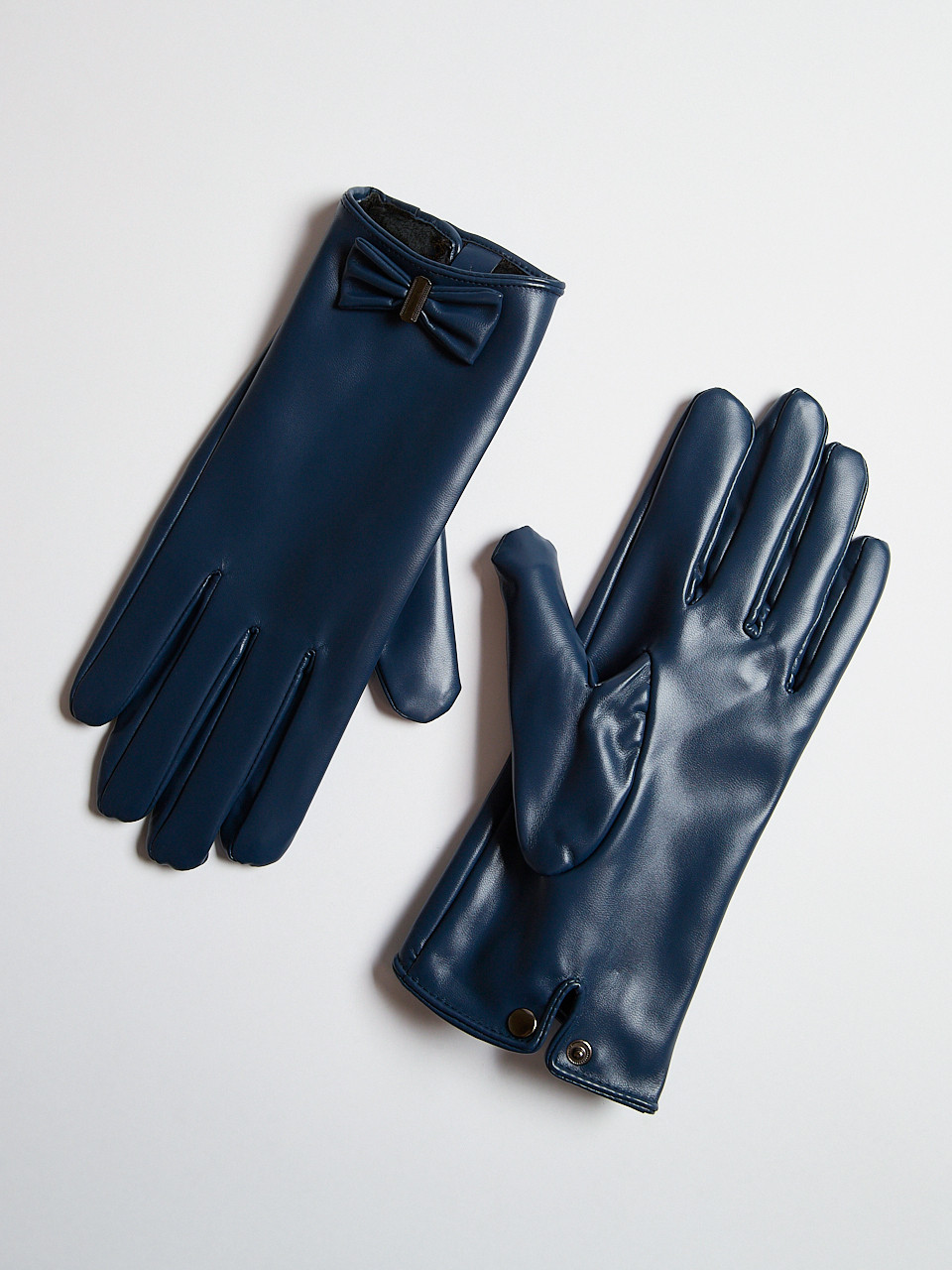 Navy Vegan Leather Bow Detail Gloves