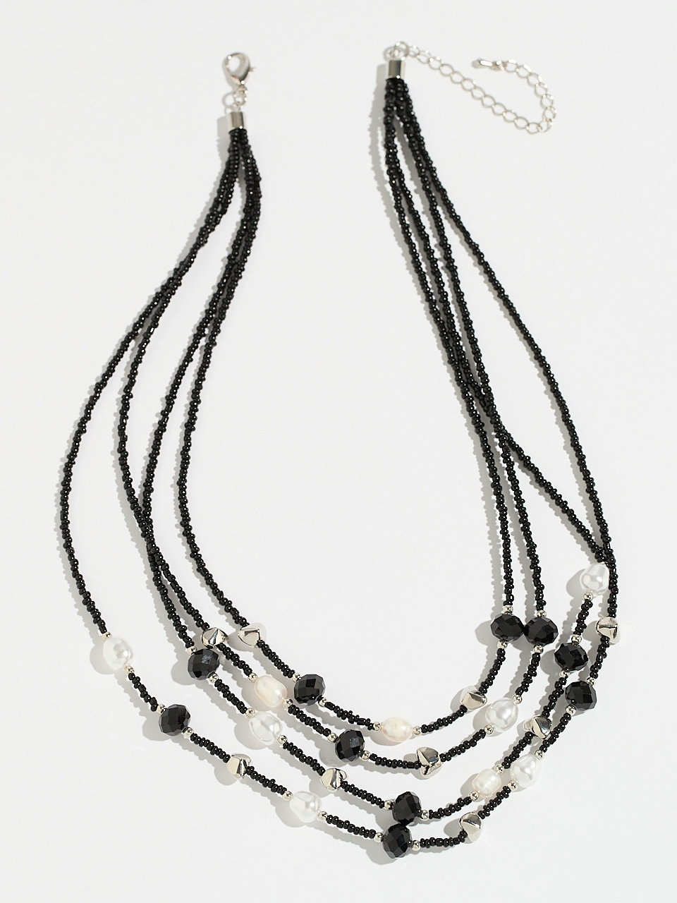 Short Multi-Row Pearl & Black Seed-Bead Necklace