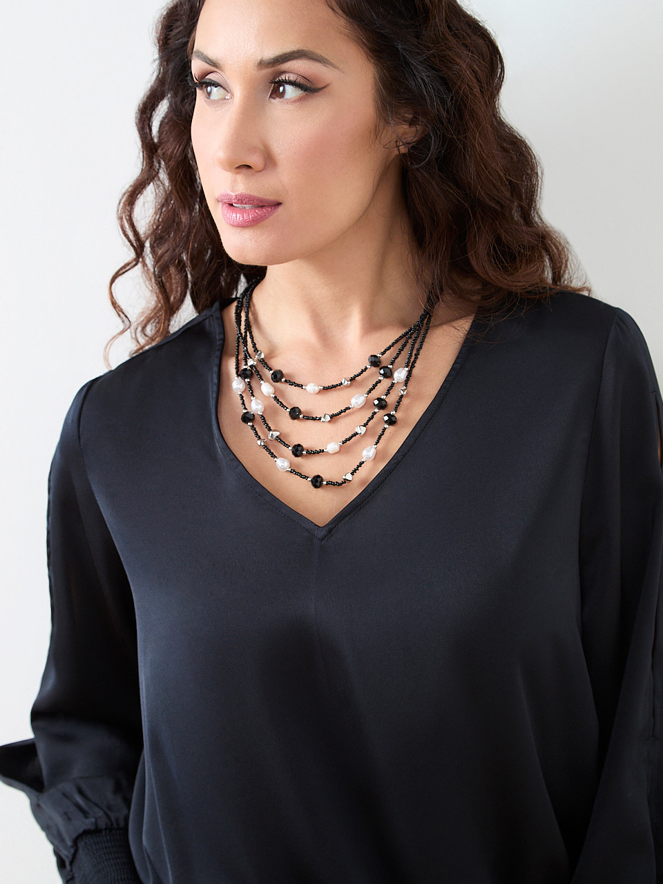 Short Multi-Row Pearl & Black Seed-Bead Necklace