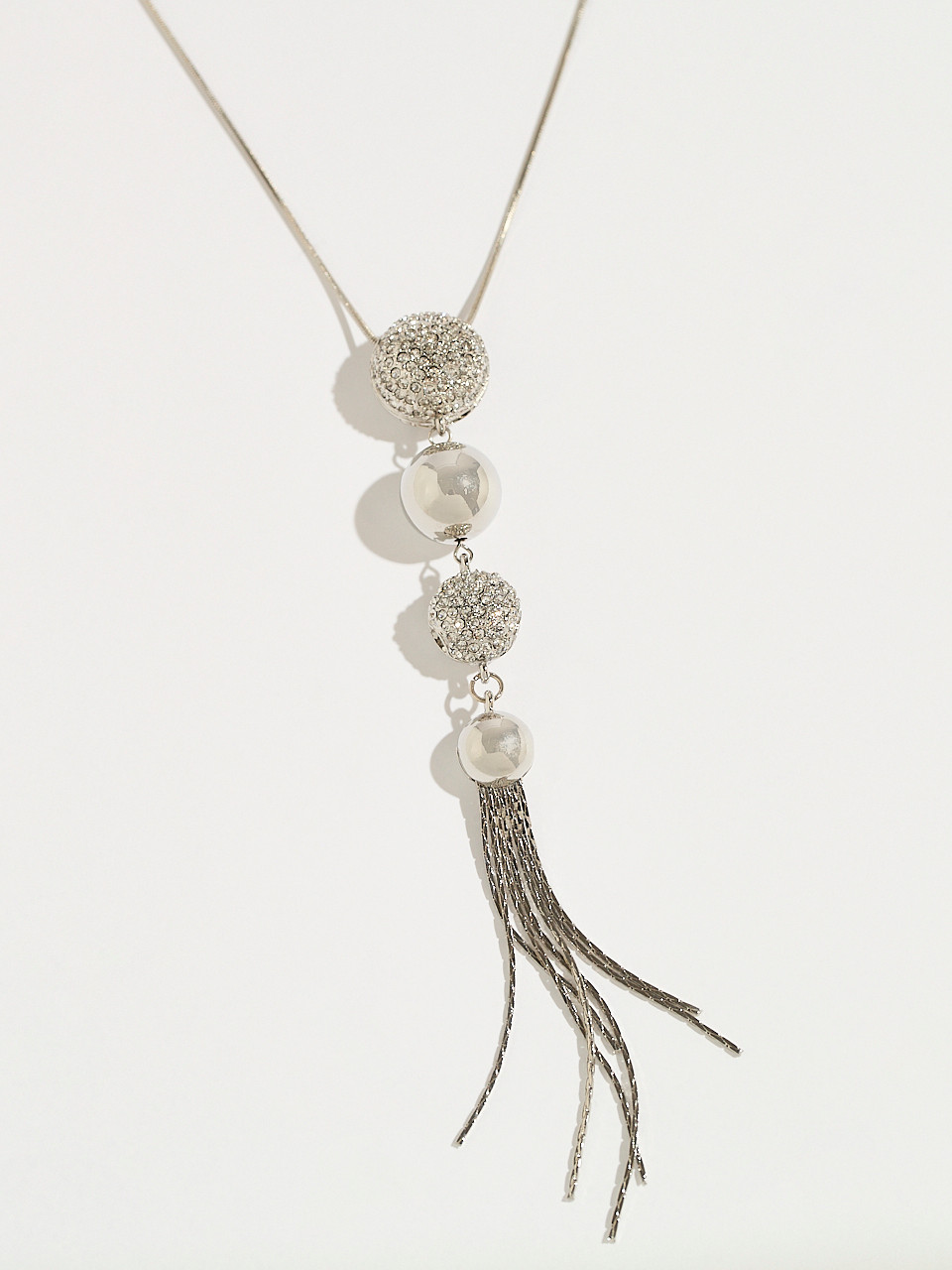 Silver & Crystal Ball with Tassels Necklace