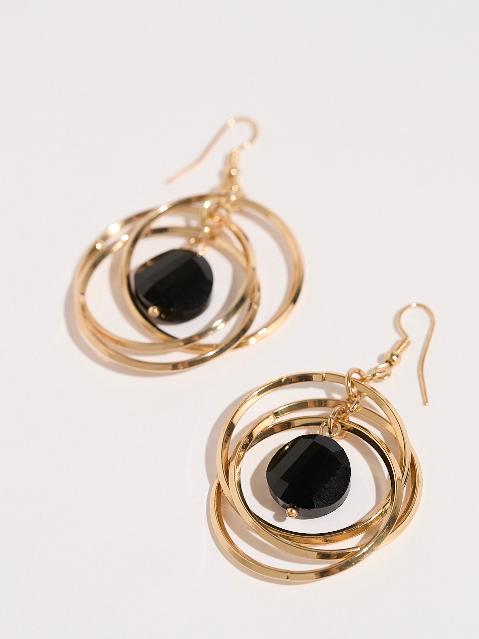 Triple Gold Circles with Black Stone Earrings