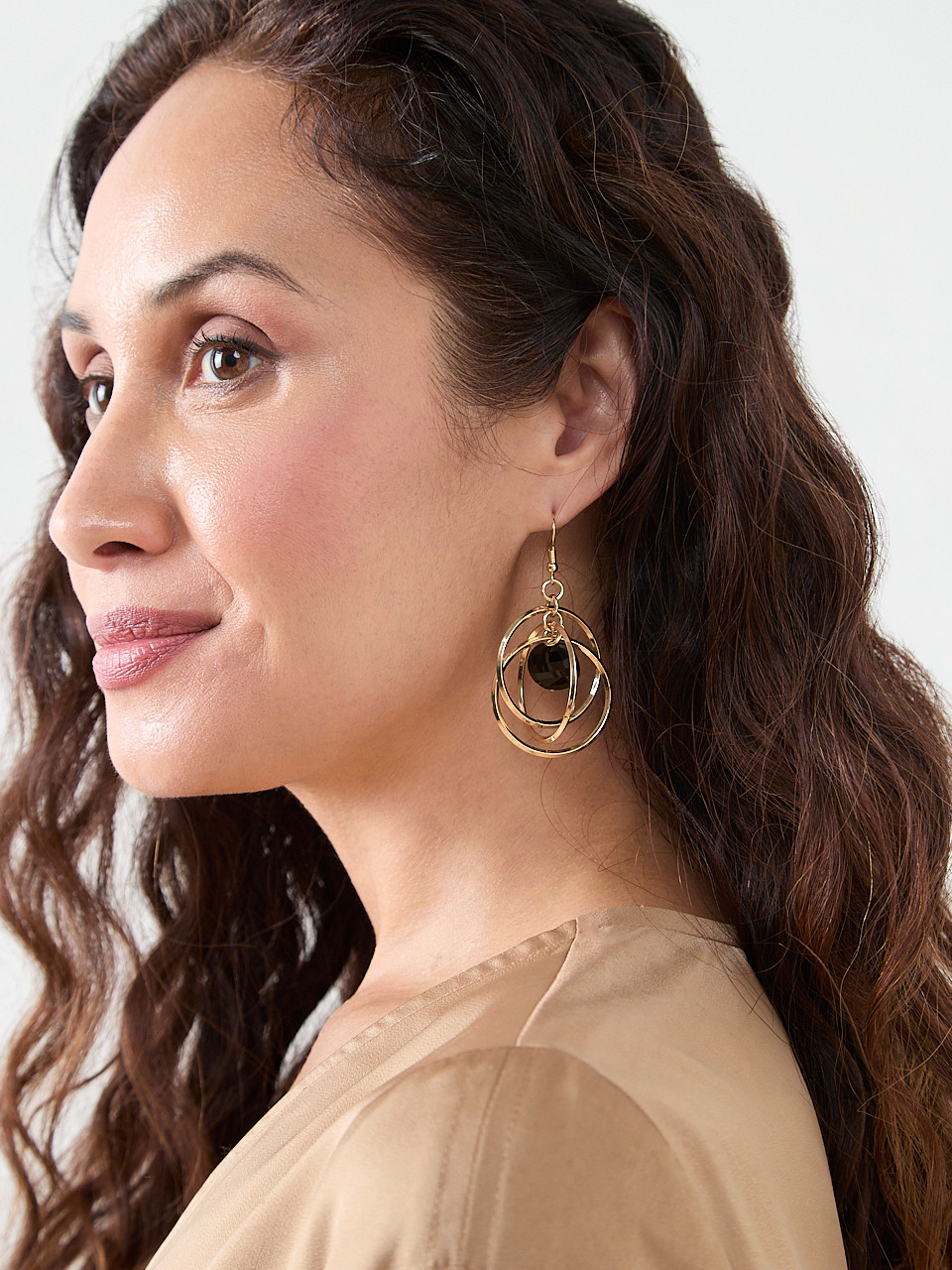 Triple Gold Circles with Black Stone Earrings