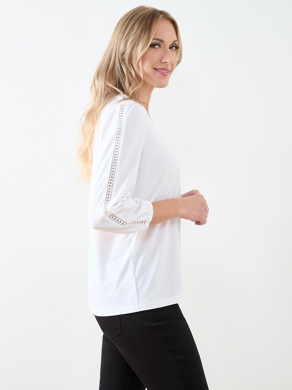 3/4 Sleeve V-Neck Crochet Insert Top | Cleo