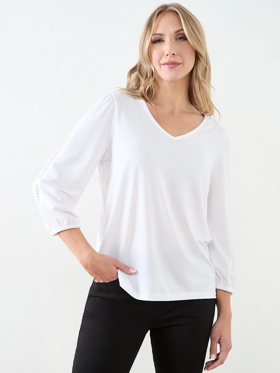 3/4 Sleeve V-Neck Crochet Insert Top