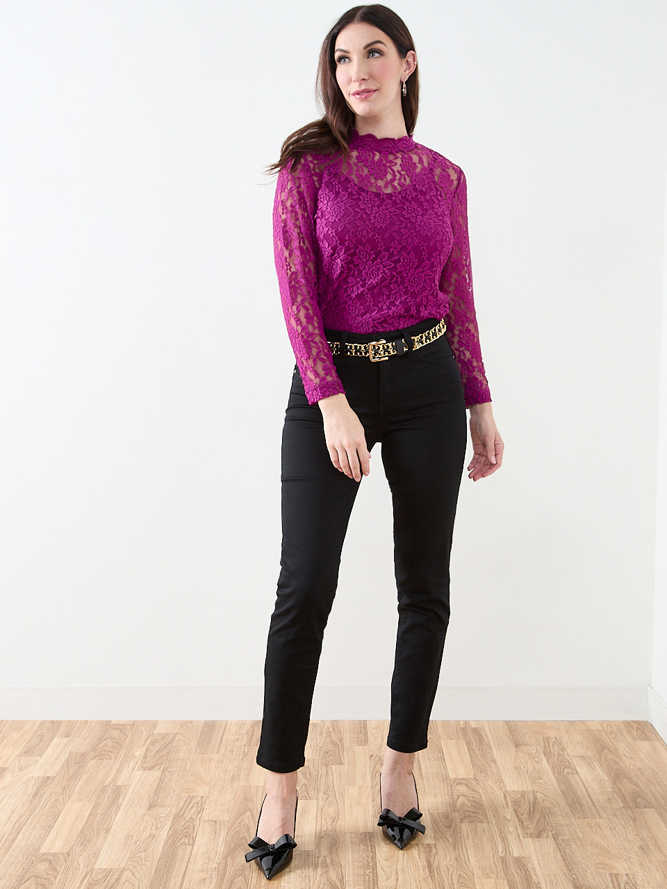 Bracelet Sleeve Mock Neck Lace Top