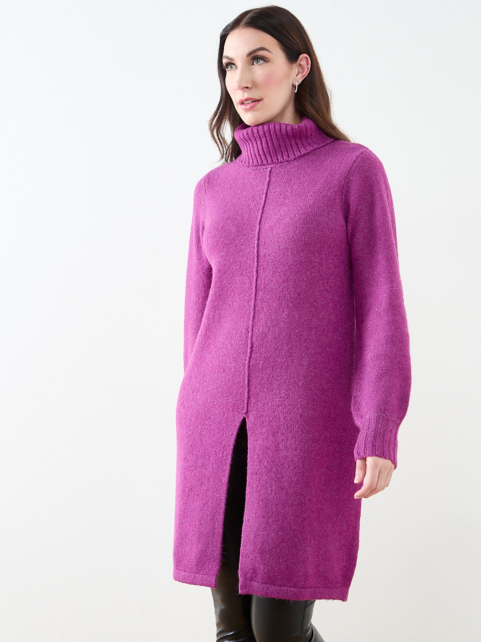 Long Front Slit Turtle Neck Sweater