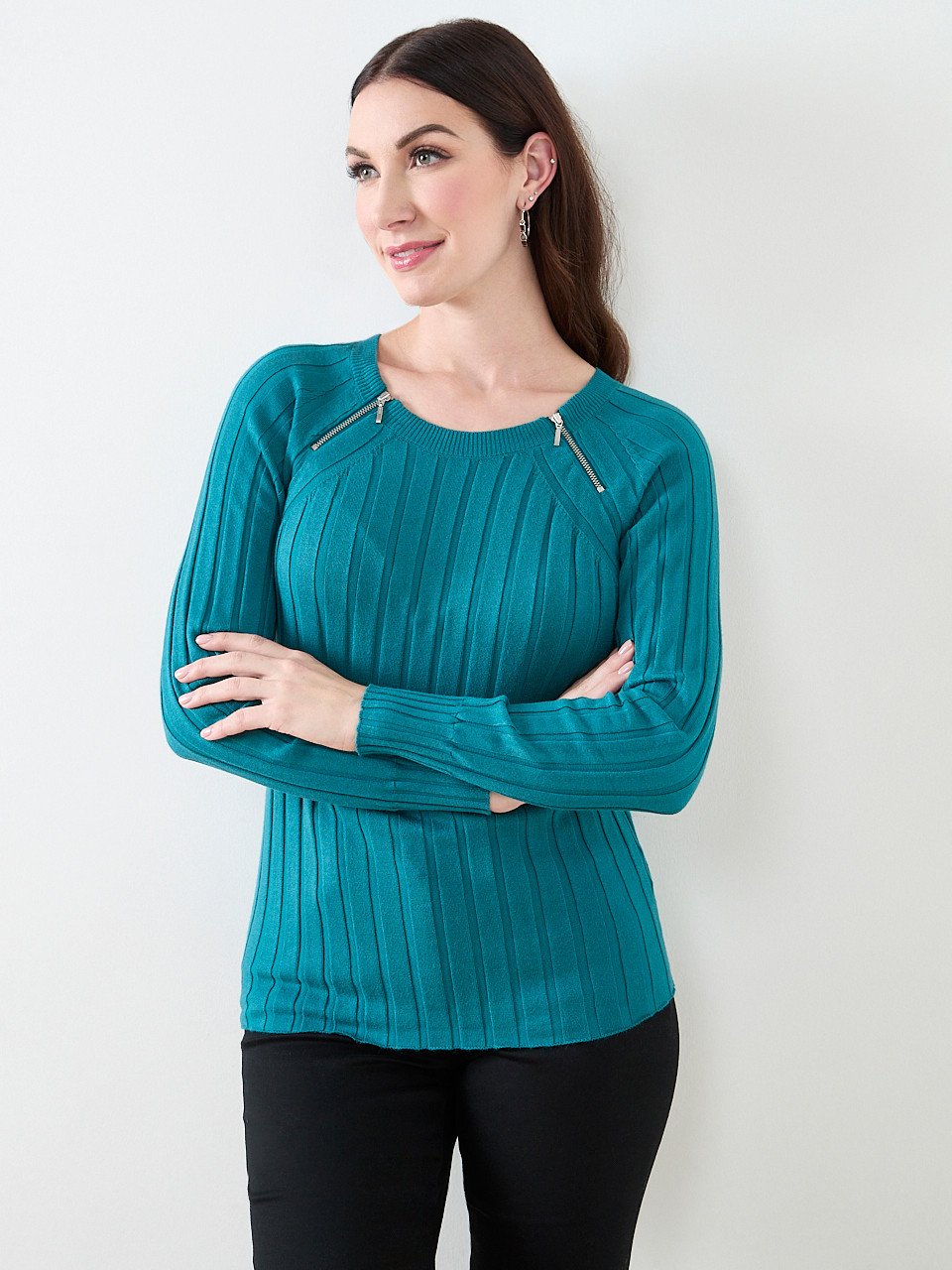 Long Sleeve Knit Zip Shoulder Sweater