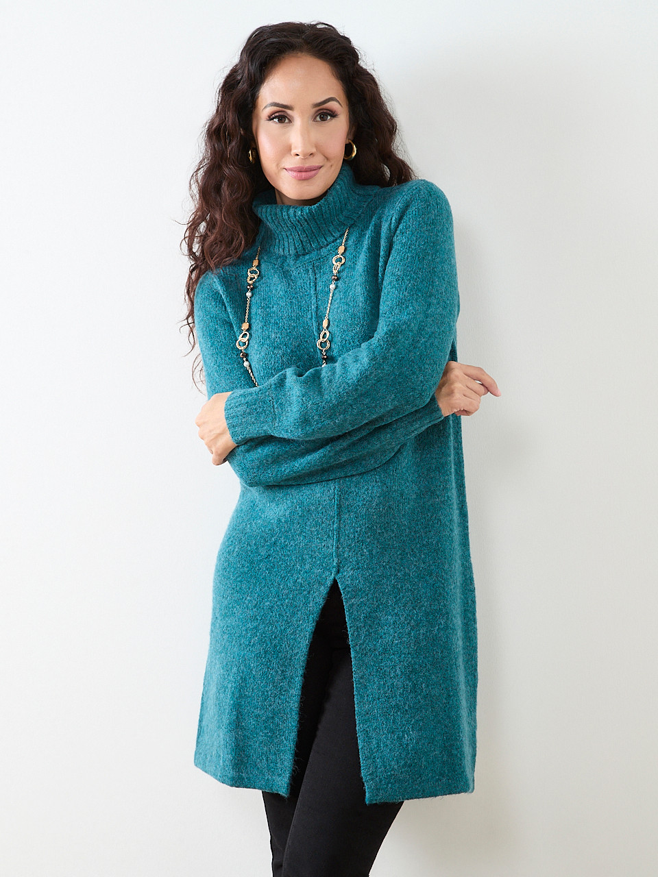Petite Long Front Slit Turtle Neck Sweater | Cleo