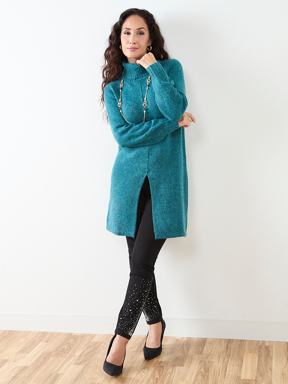 Petite Long Front Slit Turtle Neck Sweater