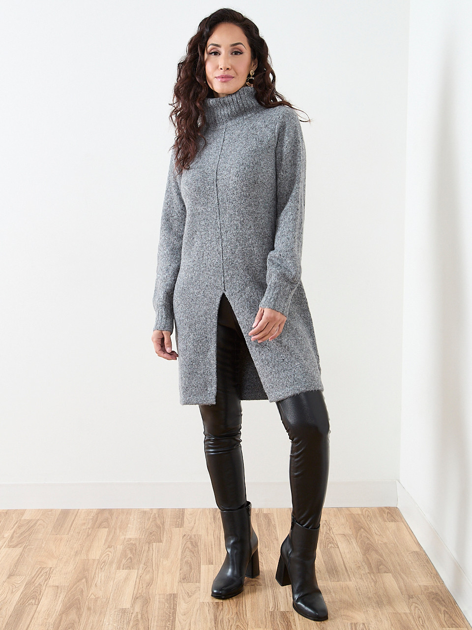 Petite Long Front Slit Turtleneck Sweater