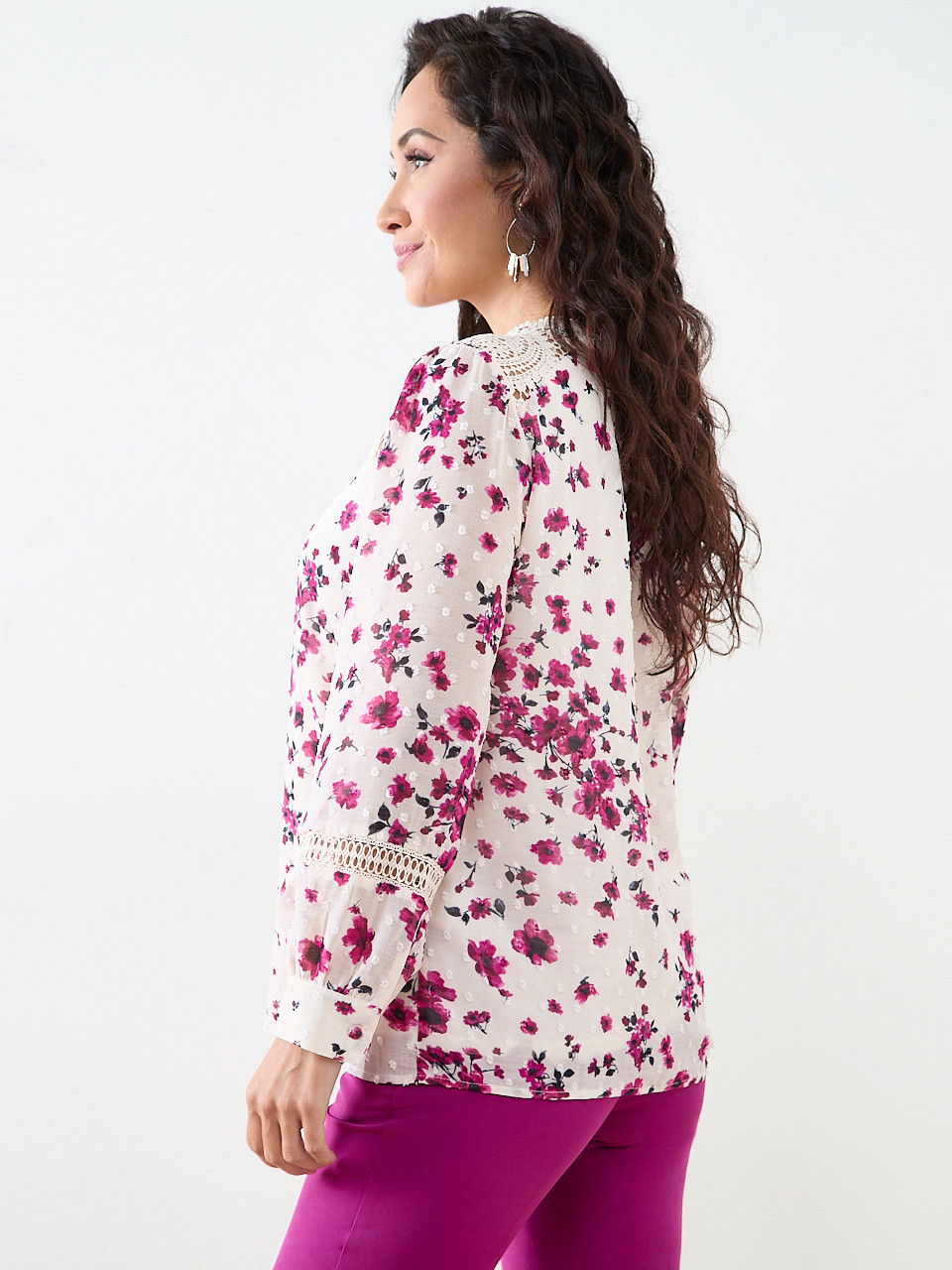 Petite Long Sleeve Blouse with Crochet Detail