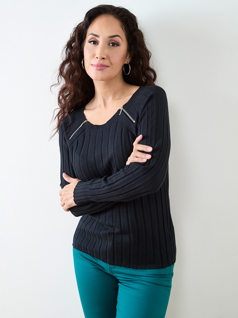 Petite Long Sleeve Knit Zip Shoulder Sweater