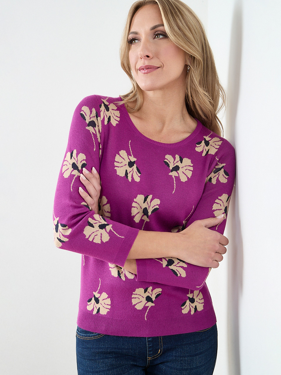 3/4  Sleeve Knit Pattern Pullover