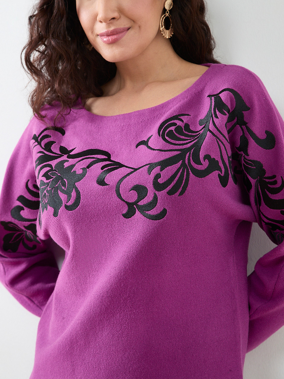 Petite Long Sleeve Scroll Embroidered Sweater