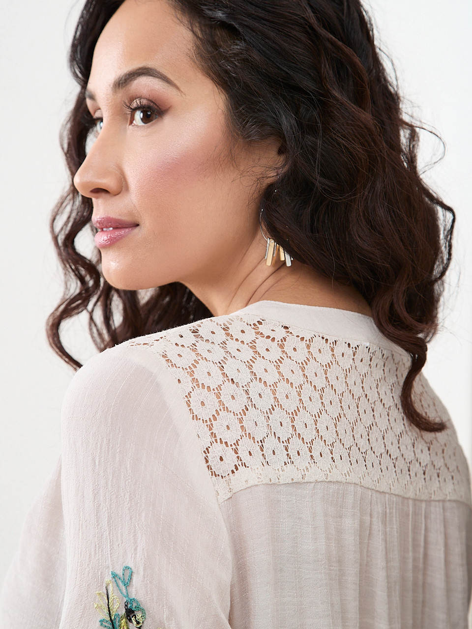 Petite 3/4 Embroidered Sleeve Tunic Blouse