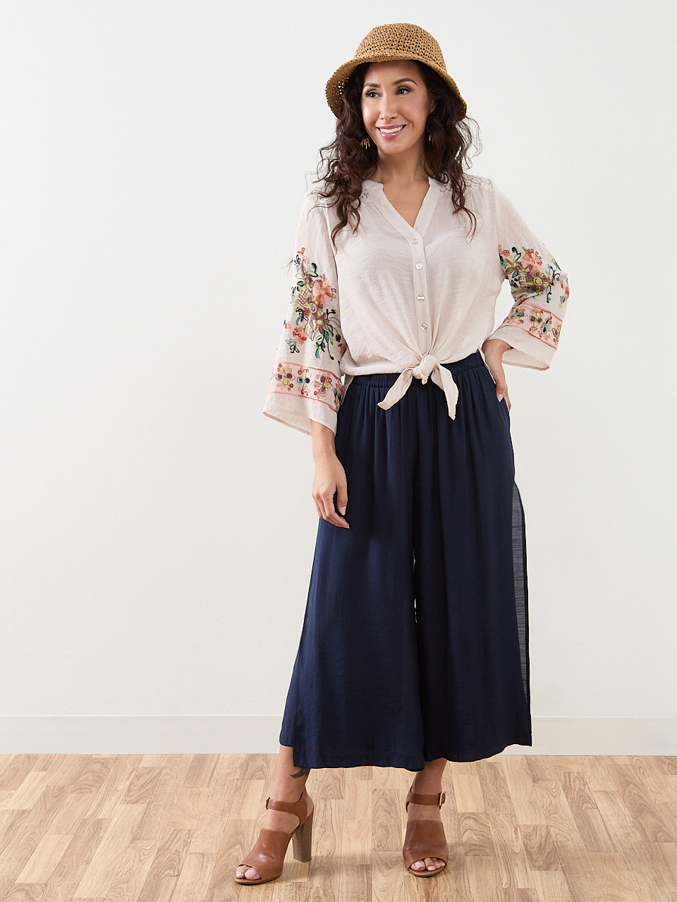 Petite 3/4 Embroidered Sleeve Tunic Blouse