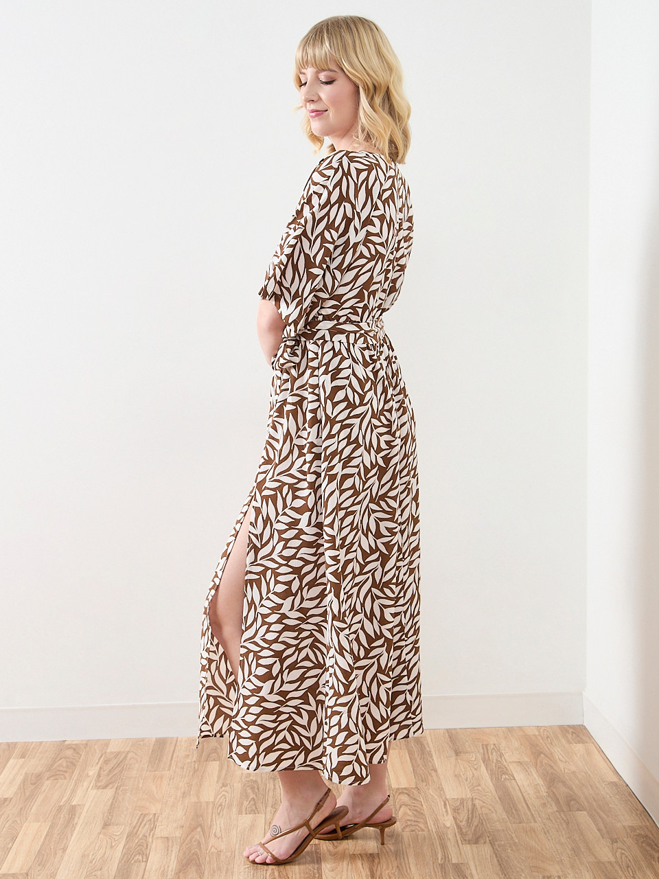 Crepe Neutral Leaf Kimono Dress | Cleo