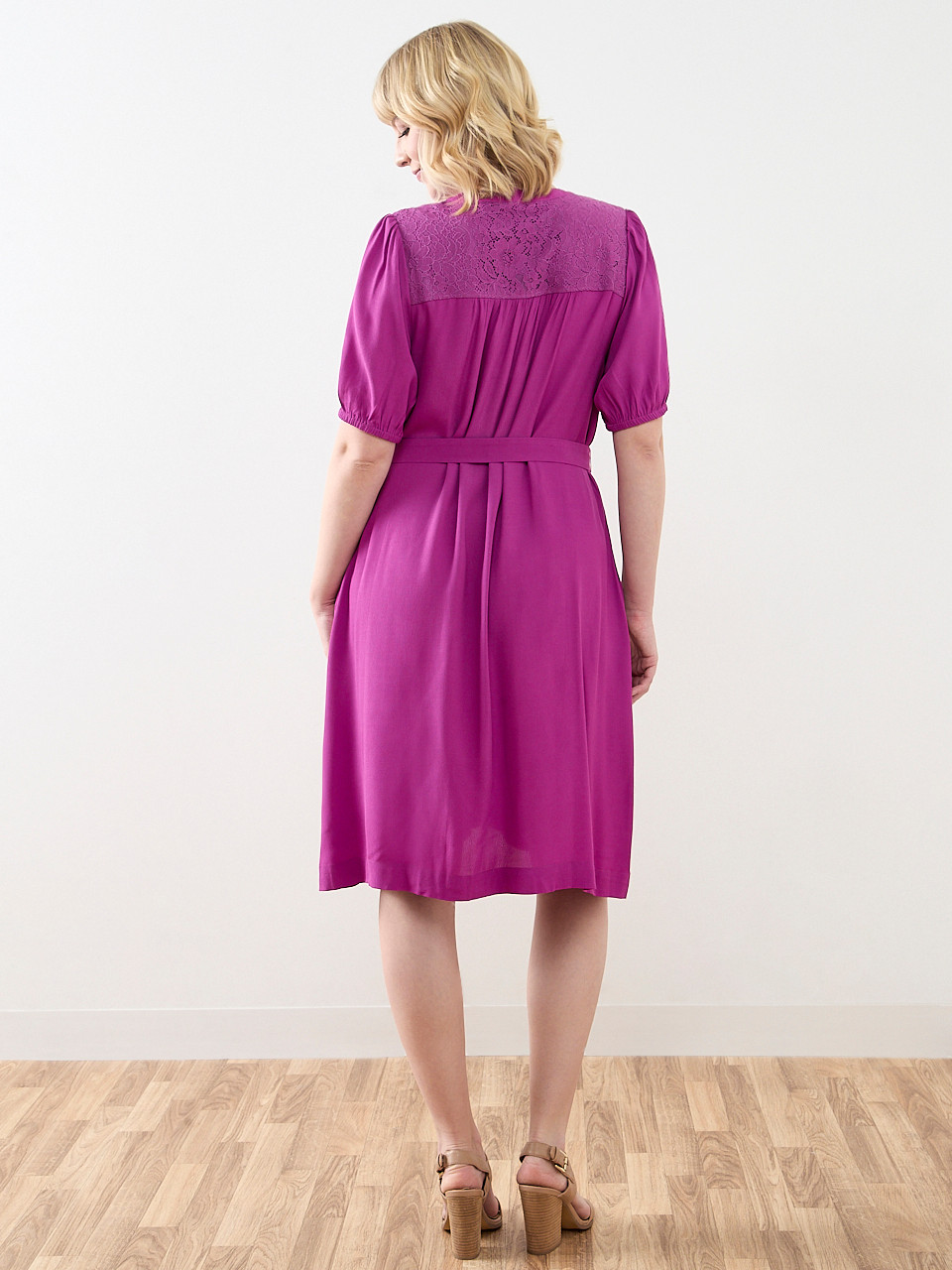 Elbow Sleeve Crochet Insert Midi Dress