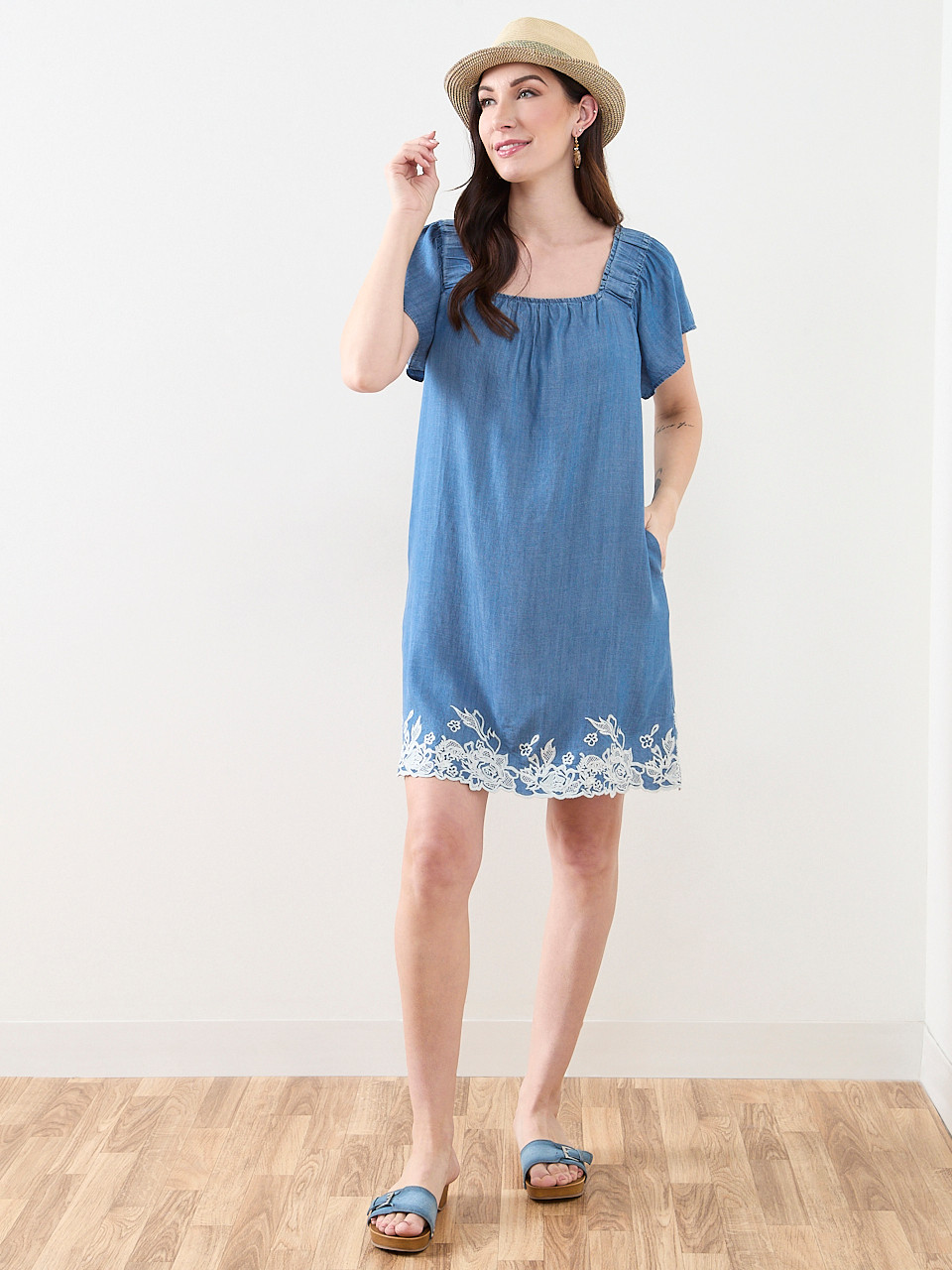 Flutter Sleeve Dress with Embroidered Hem