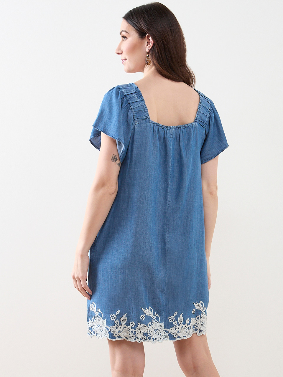 Flutter Sleeve Dress with Embroidered Hem