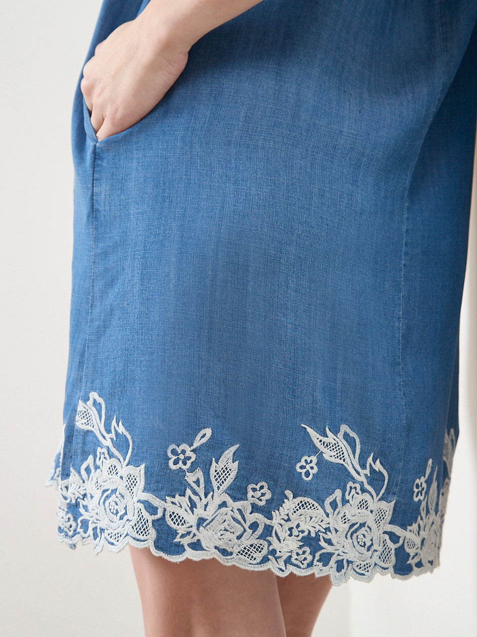 Flutter Sleeve Dress with Embroidered Hem