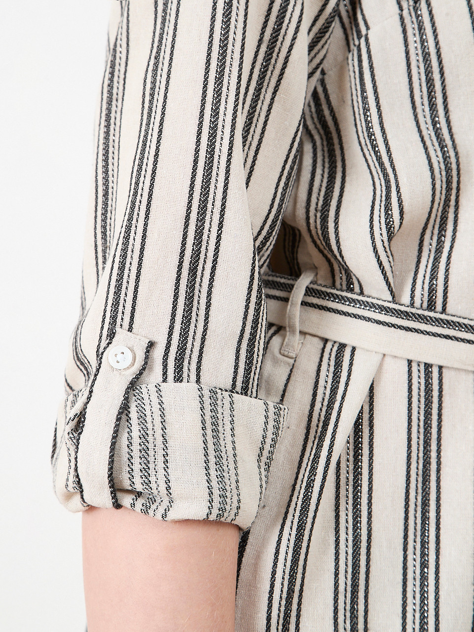 Linen Roll-Tab Sleeve Belted Dress