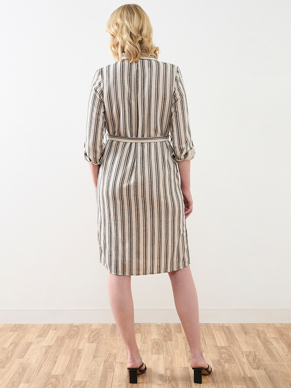 Linen Roll-Tab Sleeve Belted Dress