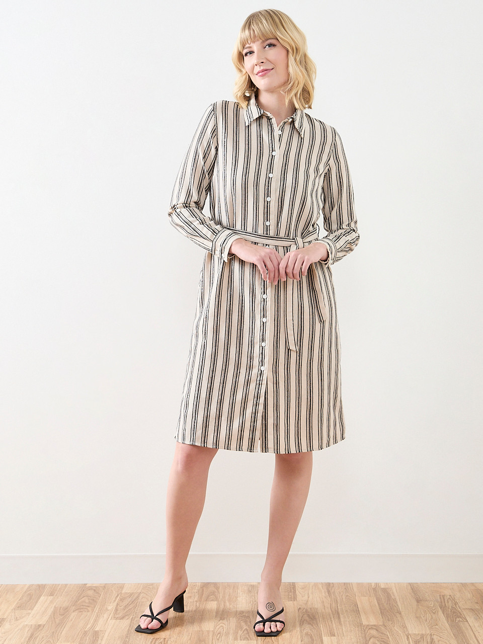 Linen Roll-Tab Sleeve Belted Dress