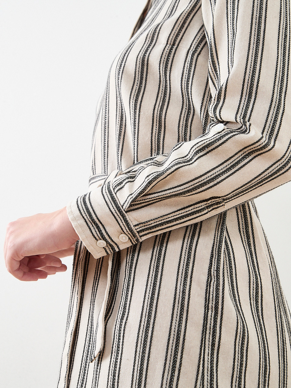 Linen Roll-Tab Sleeve Belted Dress