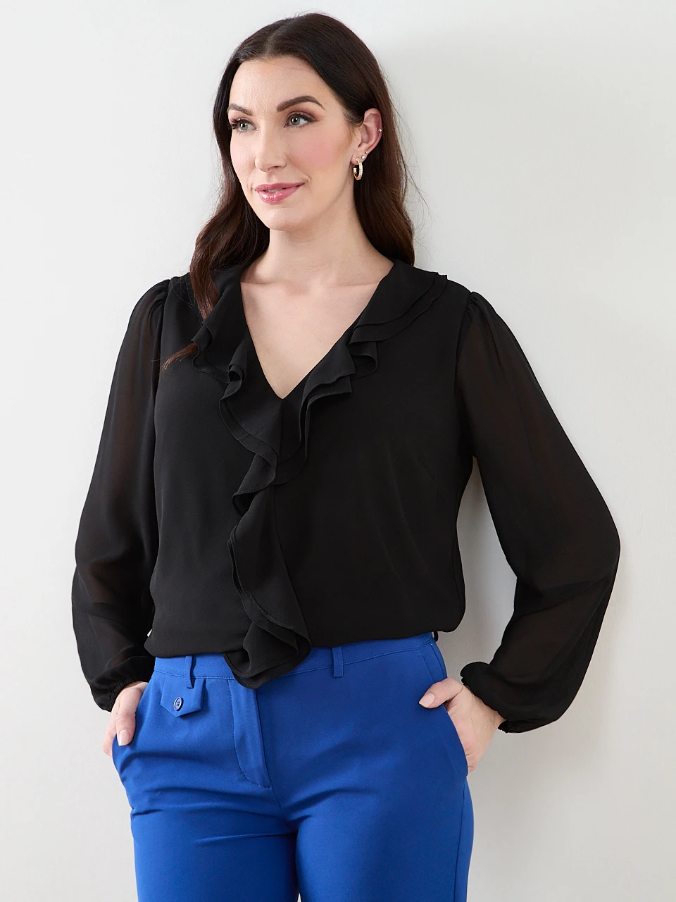 Long Sleeve Ruffle Front Blouse