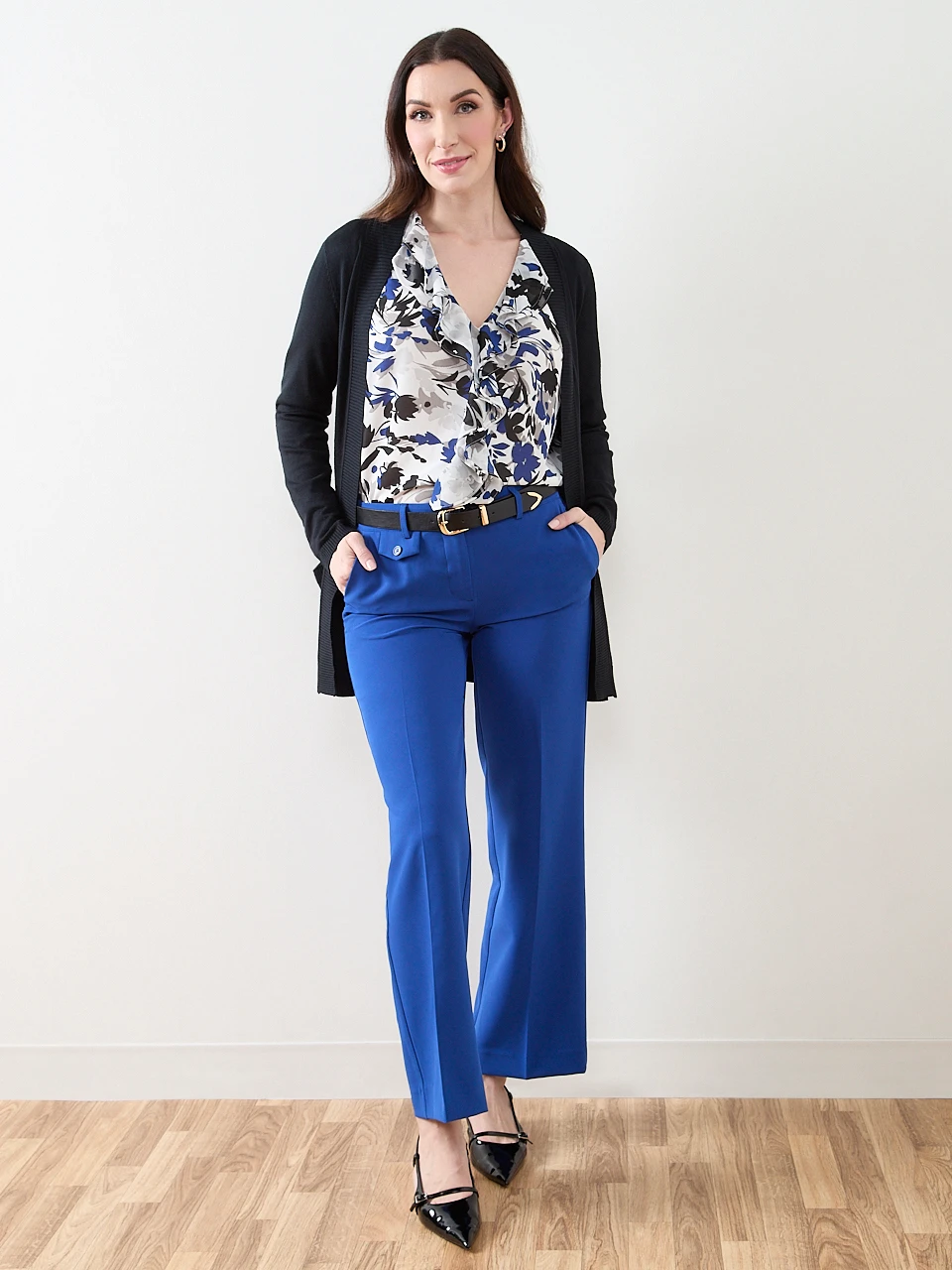 Long Sleeve Ruffle-Front Blouse