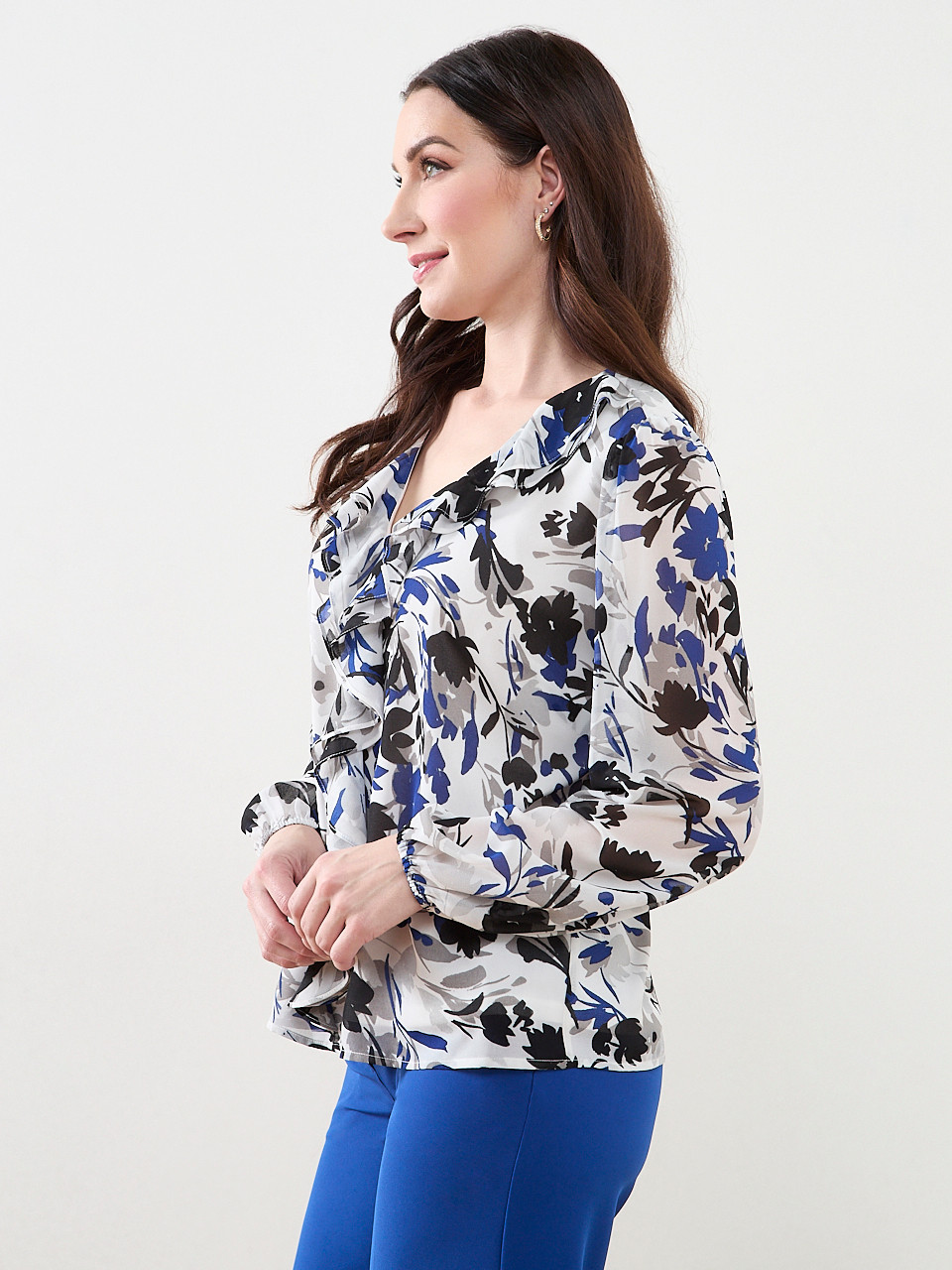 Long Sleeve Ruffle-Front Blouse