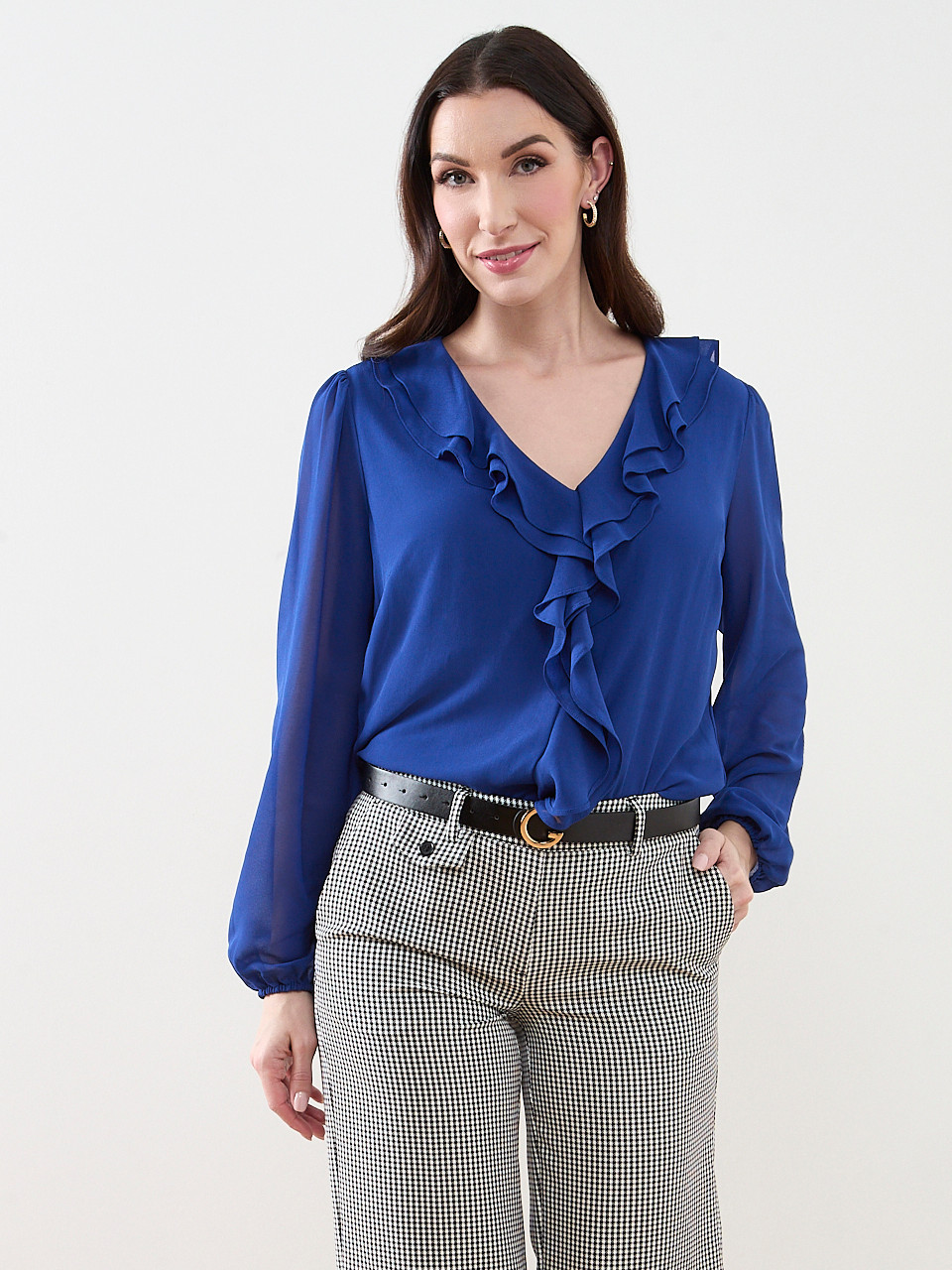 Long Sleeved Ruffle Front Blouse