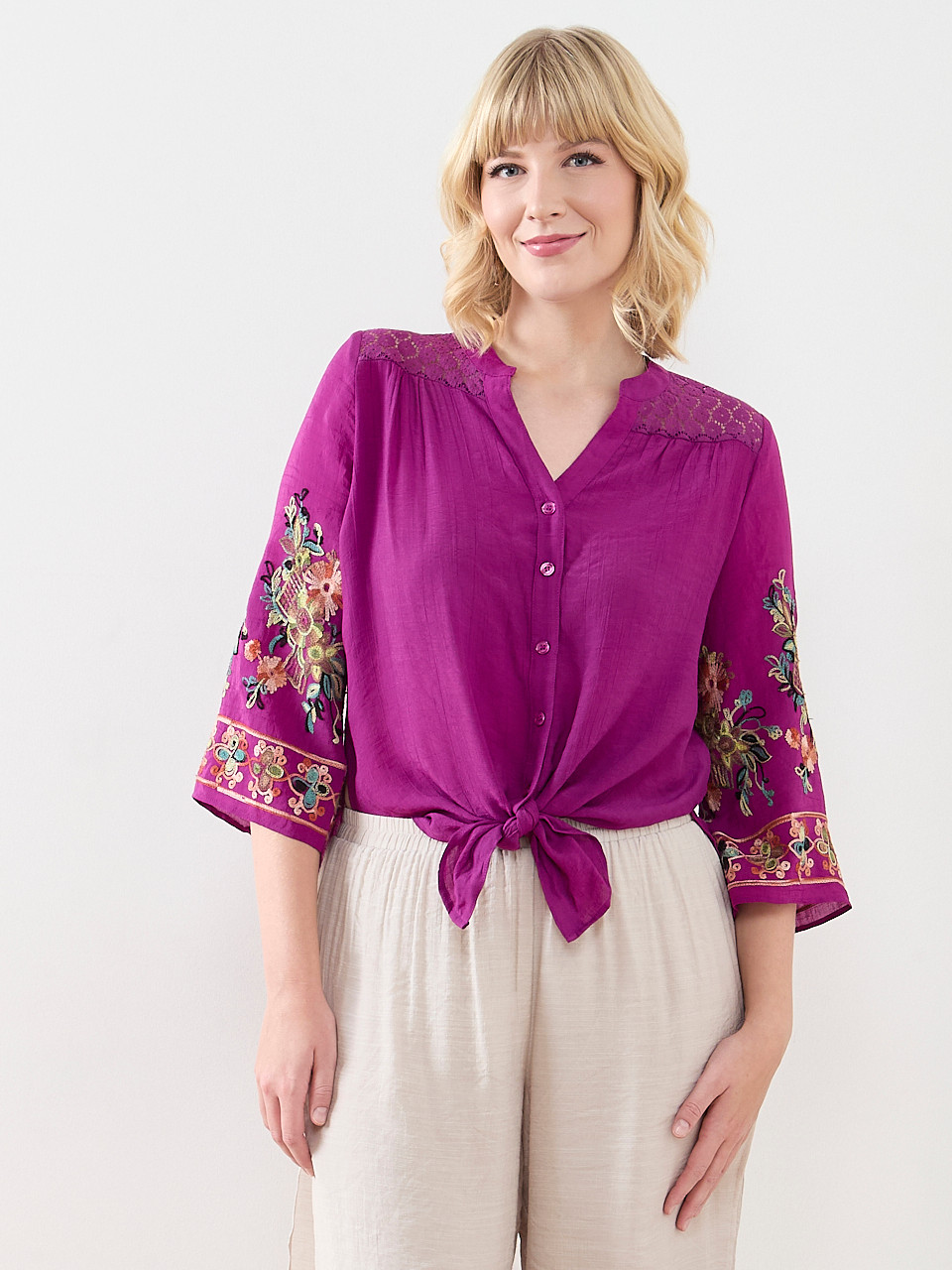 3/4 Embroidered-Sleeve Tunic Blouse