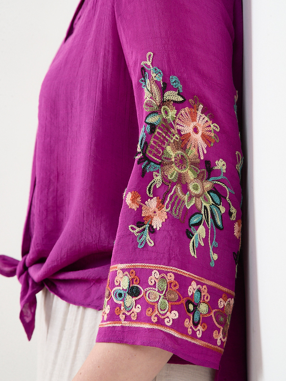 3/4 Embroidered-Sleeve Tunic Blouse