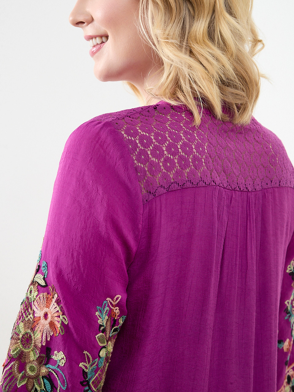 3/4 Embroidered-Sleeve Tunic Blouse