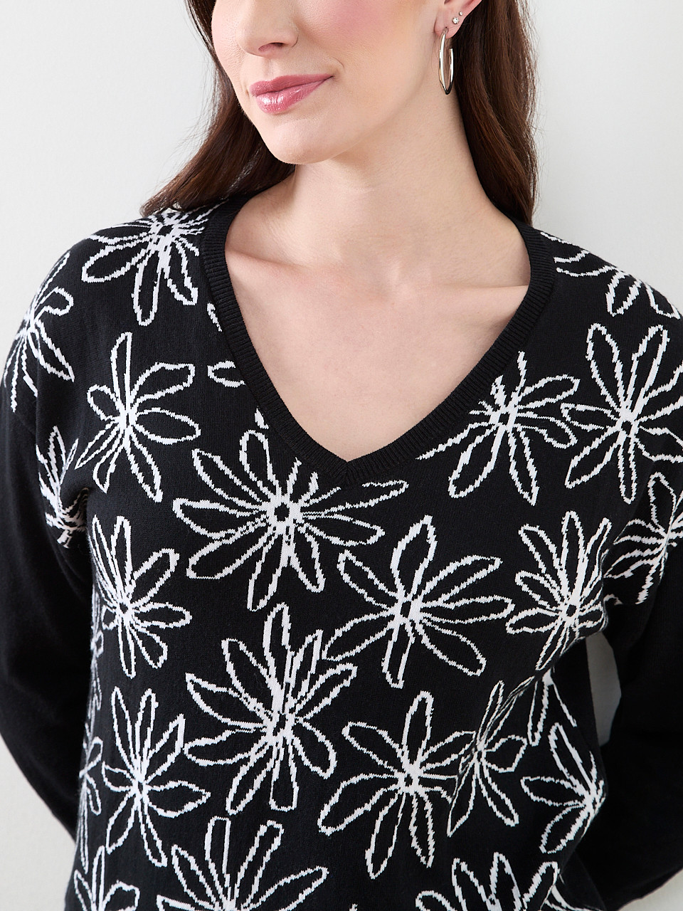 Petite 3/4 Sleeve Floral V-Neck Sweater