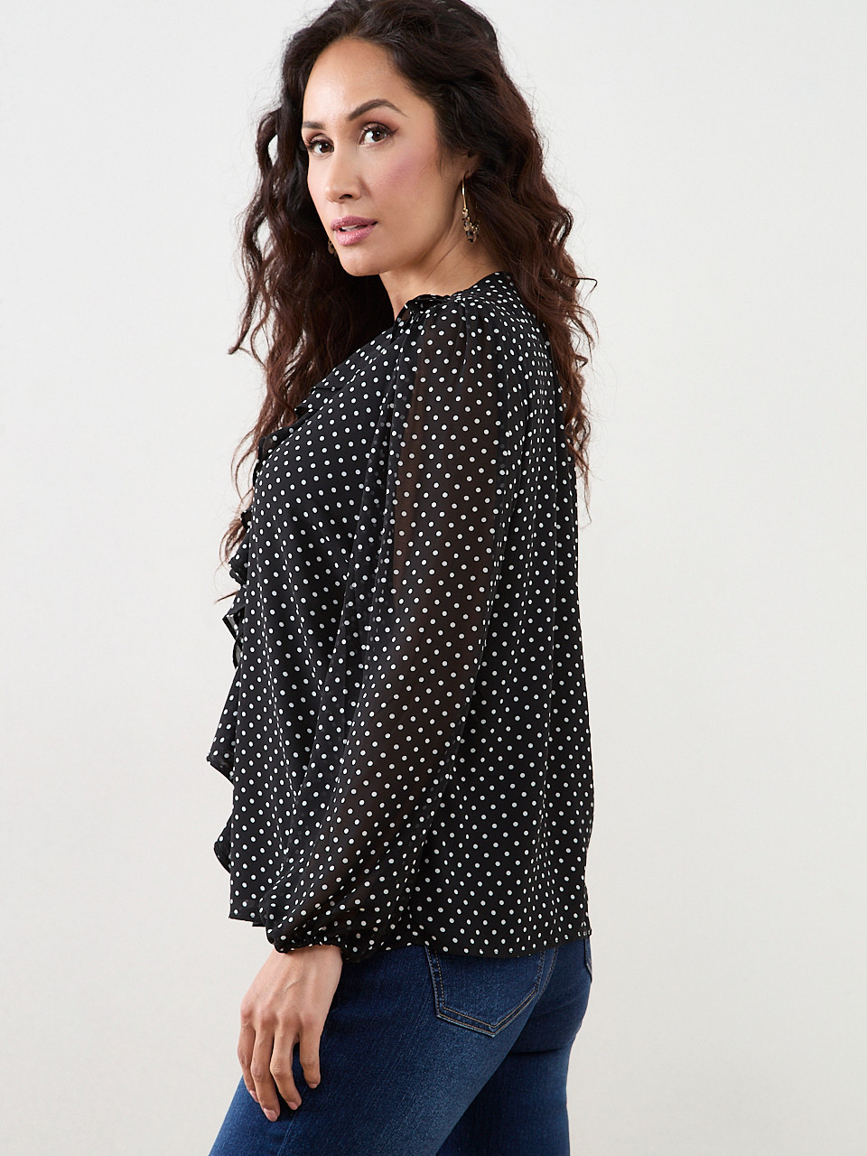 Petite Long Sleeve Ruffle Front Blouse