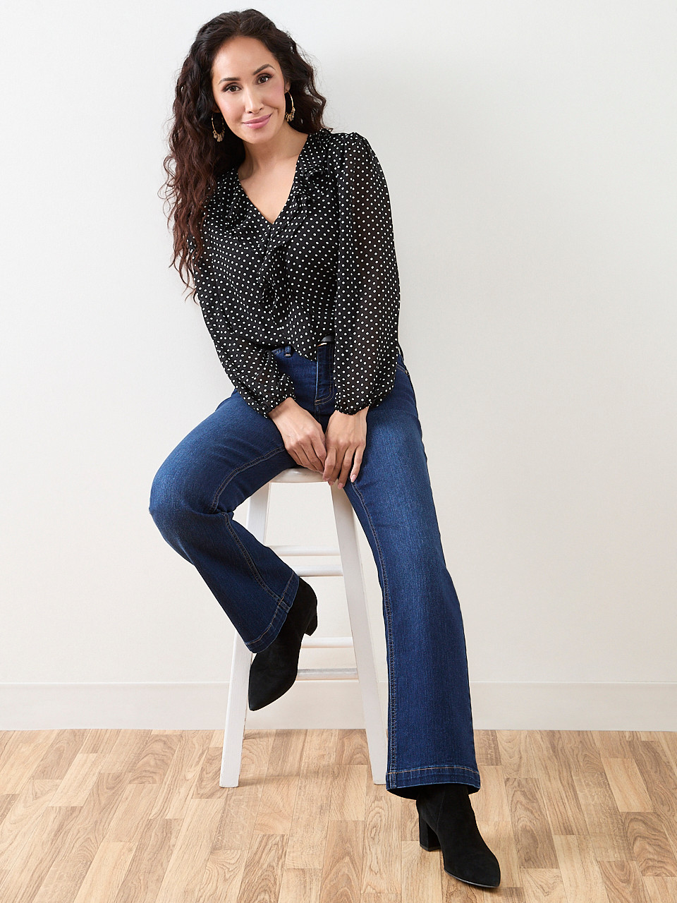 Petite Long Sleeve Ruffle Front Blouse