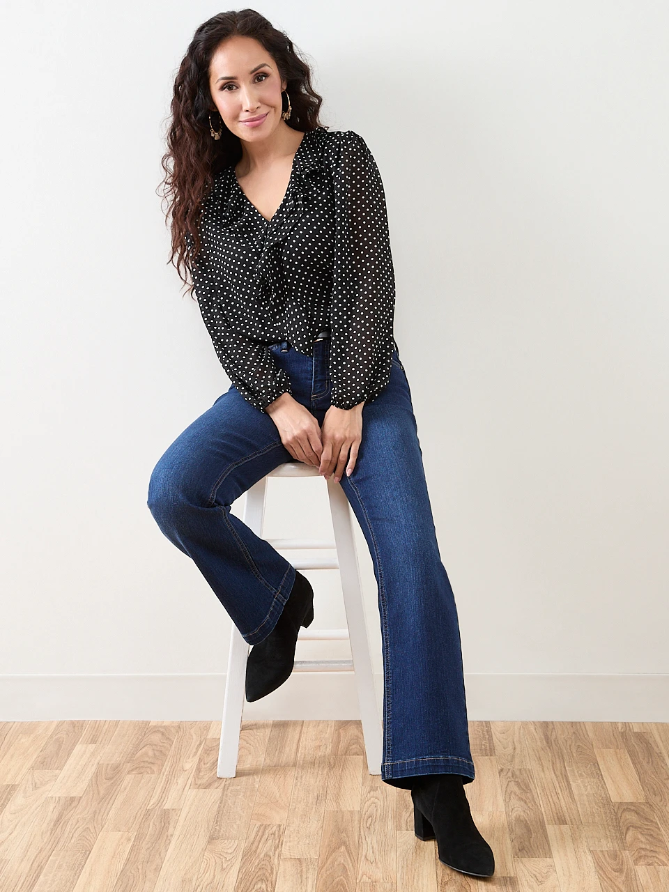 Petite Long Sleeve Ruffle Front Blouse