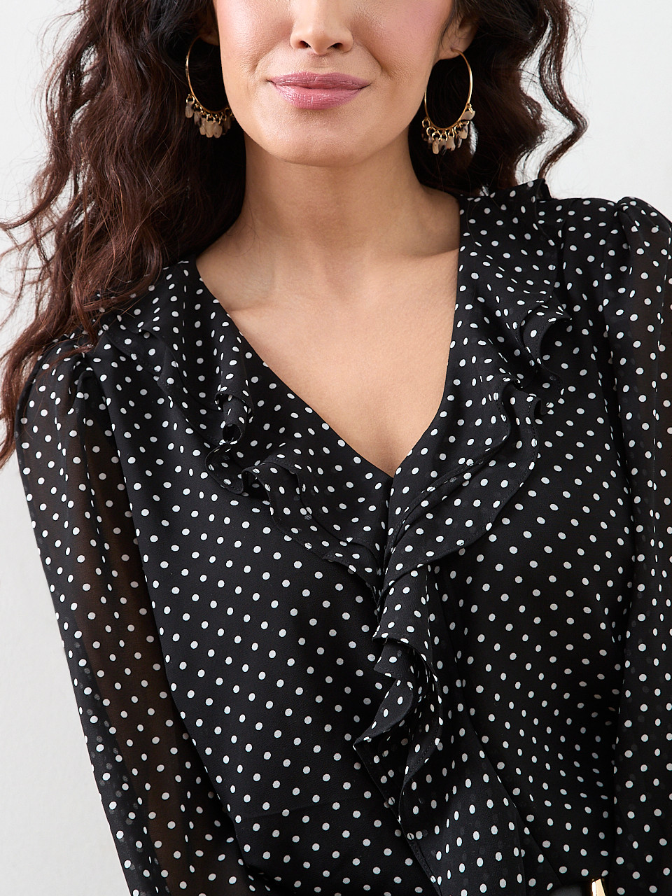 Petite Long Sleeve Ruffle Front Blouse