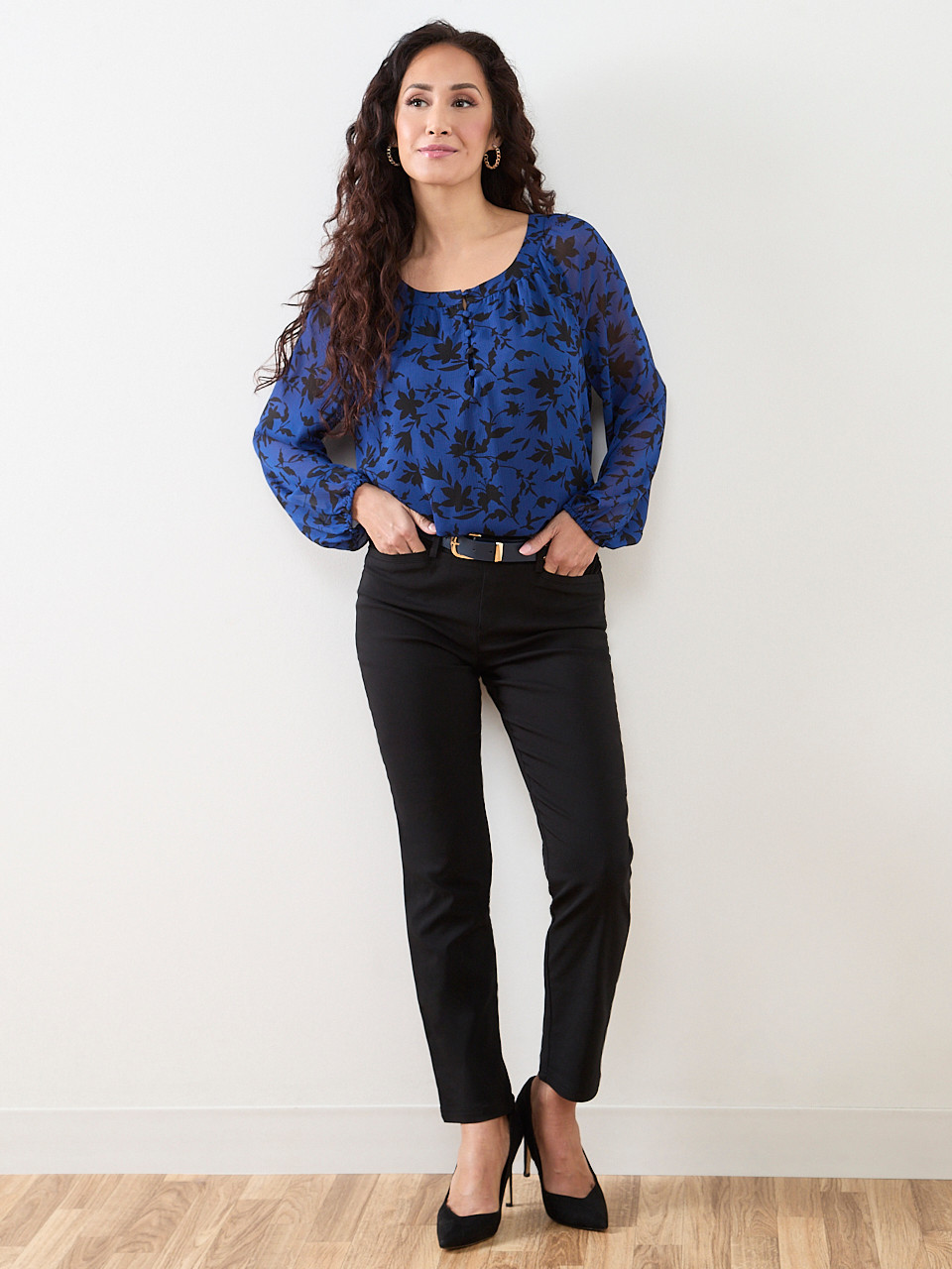 Petite Long Sleeved Round Neck Chiffon Blouse
