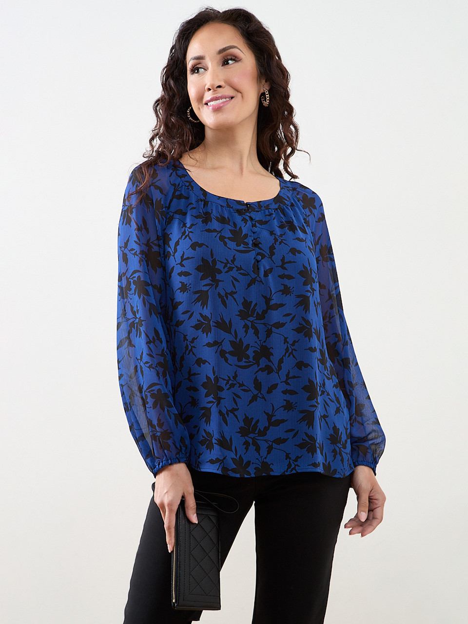 Petite Long Sleeved Round Neck Chiffon Blouse