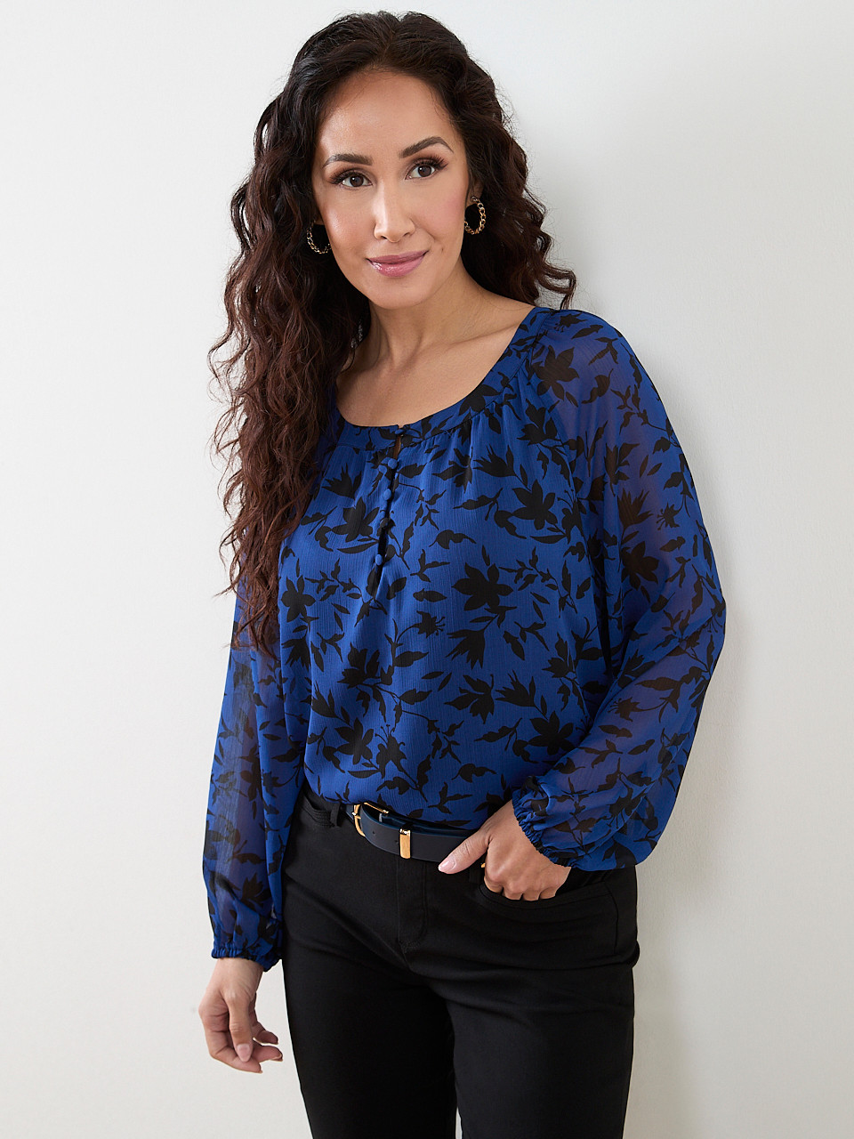 Petite Long Sleeved Round Neck Chiffon Blouse