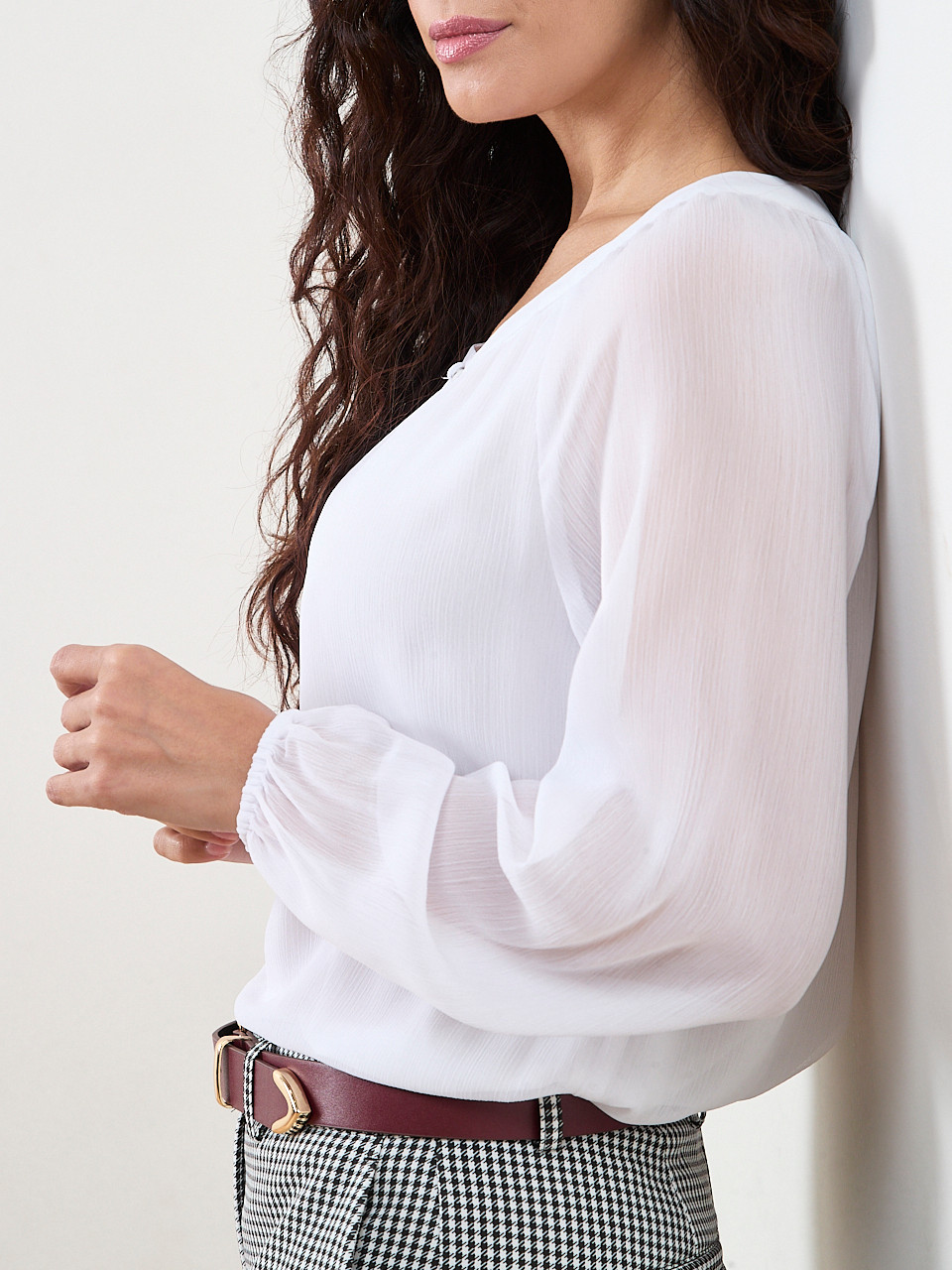 Petite Long-Sleeved Round Neck Chiffon Blouse