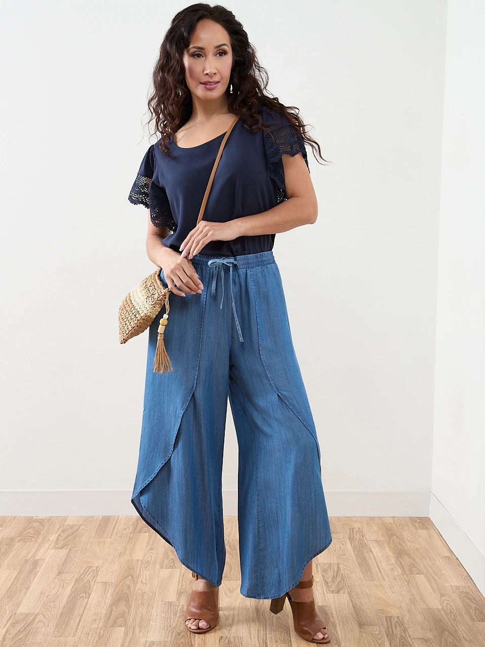 Petite Short Sleeve Blouse with Crochet Sleeves